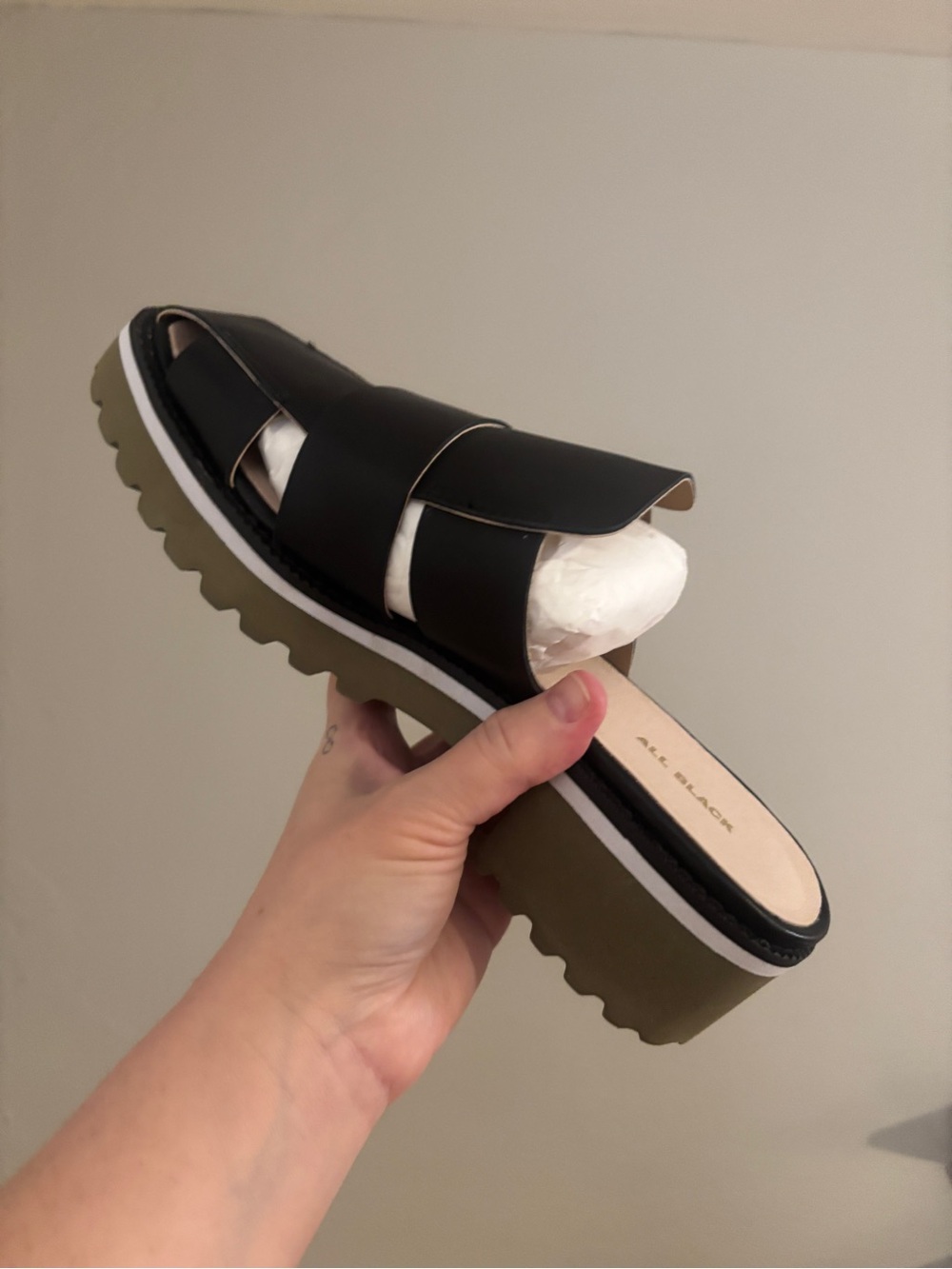 NIB All Black and Olive Green Leather Platform Mule Size 40